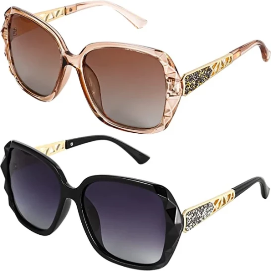 2pcs Women Large Sunglasses, Classic Trend Ladies Sunglasses UV400 Protection Oversized Polarised Sunglasses Sparkling Large Frame Sunglasses for Women